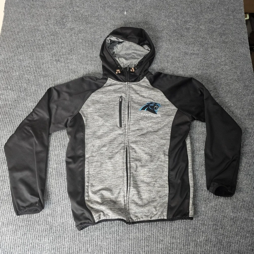 Carolina Panthers Jacket Mens Medium Gray Black NFL Football Full Zip Hooded NFL